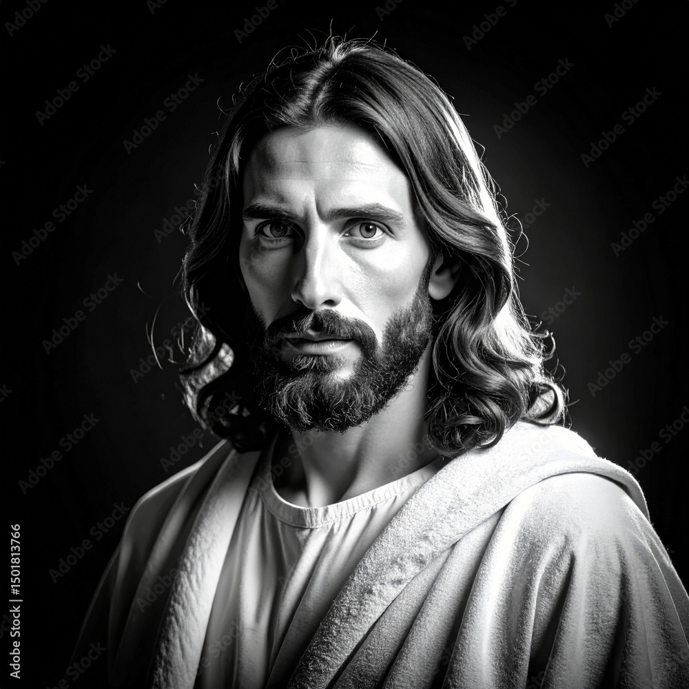 Fototapeta premium Black and White Portrait of Jesus Christ, the King of the Jews and Savior of the World