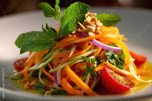 Vibrant green mango salad made with shredded mango, fresh herbs, red chili, garlic, lime juice, and toasted sesame seeds for a nutty finish. photo