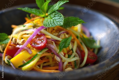 Green mango salad tossed with lime juice, garlic, soy sauce, palm sugar, red chili, sliced red onion, and crushed peanuts, perfect for summer.

 photo