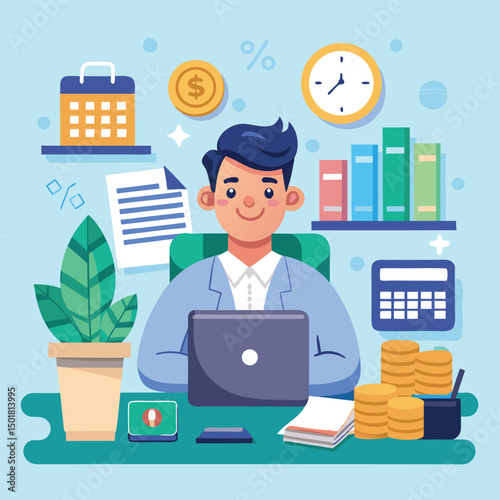 Accountant working at his desk with laptop and financial tools illustration