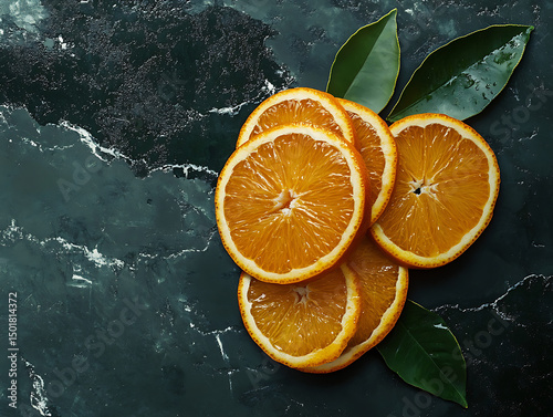 Sliced juicy orange with natural citrus leaf bundle 