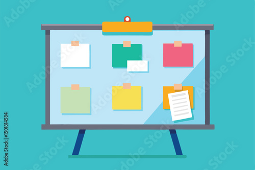 Bulletin board with colorful sticky notes and documents flat vector illustration