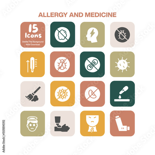 A focused collection of 15 flat design icons representing allergy and medicine concepts including allergens symptoms and medical treatments perfect for healthcare related projects