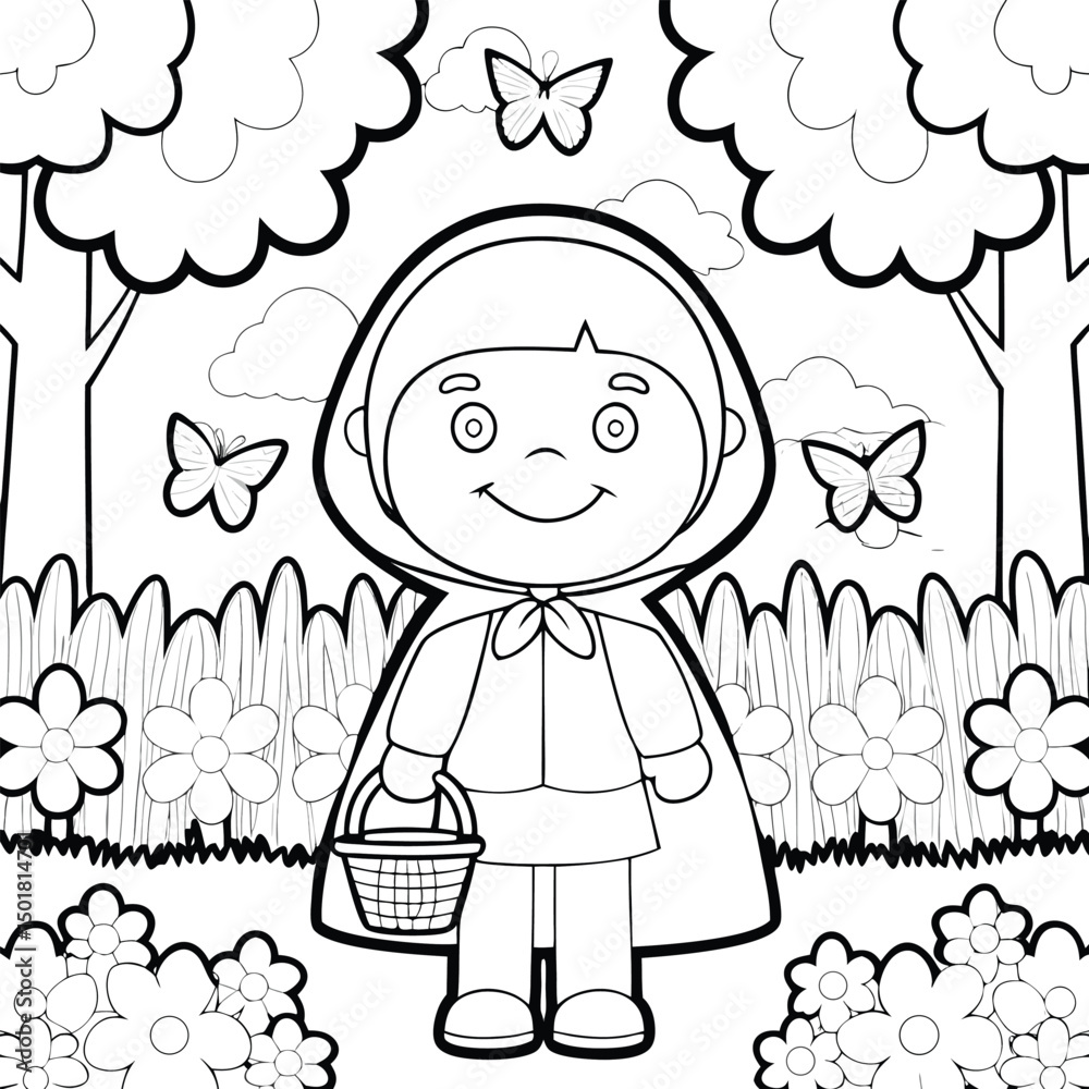 Fototapeta premium Joyful Child in Red Riding Hood Costume Coloring Page Printable Illustration