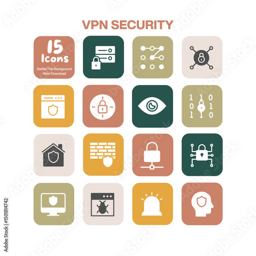 A vital collection of 15 flat design icons focusing on VPN security and cyber protection concepts including data encryption network defense and online privacy for digital themes