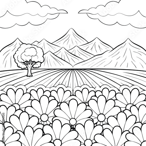Serene Rural Landscape Black and White Flower Field Illustration