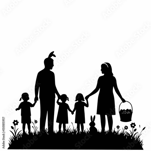 Silhouette of a family of five (parents and three children) celebrating Easter outdoors with a basket of eggs and a bunny.