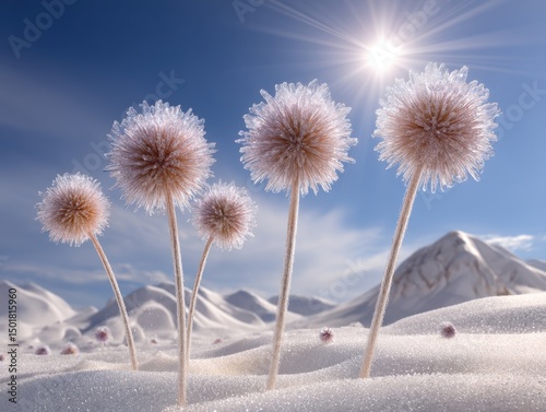 Globe Thistle Flowers in Snowy Landscape Under Bright Sun; Low Angle View of Icy Plants in Winter Wonderland