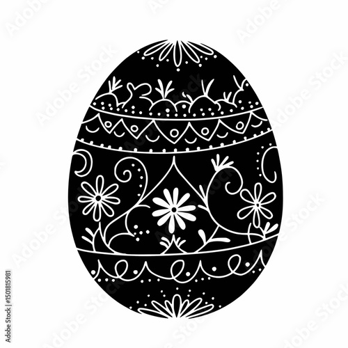 Black silhouette of a decorated Easter egg with floral and geometric patterns. Vector illustration.
