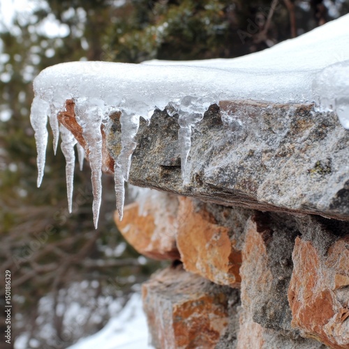 Close-up of icicles hanging from a snow-covered stone wall in winter scenic landscape outdoors nature photography