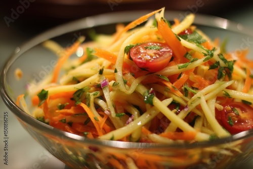 Green mango salad with julienned raw mango, cherry tomatoes, red onion, lime juice, soy sauce, garlic, chili, and toasted peanuts, served fresh and zesty. photo