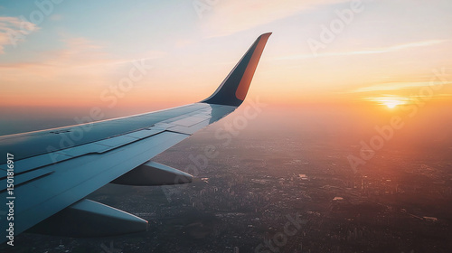 Captivating sunset view from an airplane wing over a city skyline during late evening hours