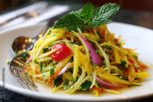 A refreshing green mango salad featuring shredded mango, coriander, red onion, lime juice, fish sauce, palm sugar, and crushed peanuts in a spicy-sour dressing. photo