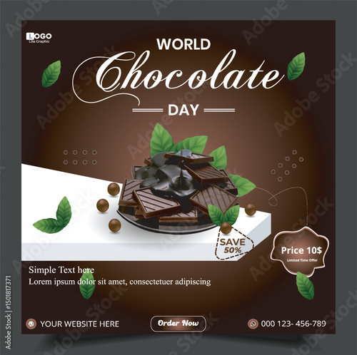 Delicious chocolate cake, chocolate food promotional, set of editable minimal square template Social media post, cover header, neapolitan ice cream scoops vanilla, chocolate