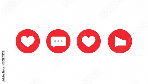Four red circular icons on white; a heart, speech bubble, heart, and speaker, representing social media engagement