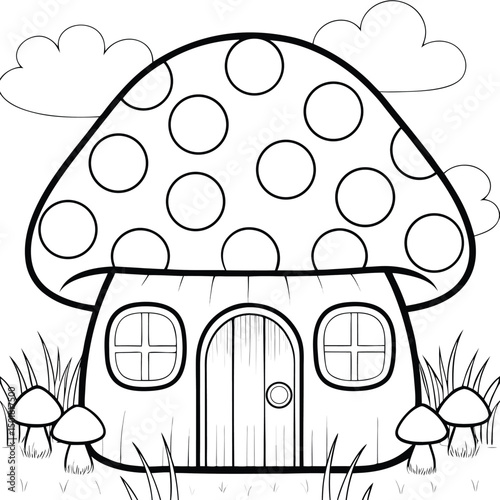 Whimsical Mushroom House Coloring Page Cute Cottage Illustration