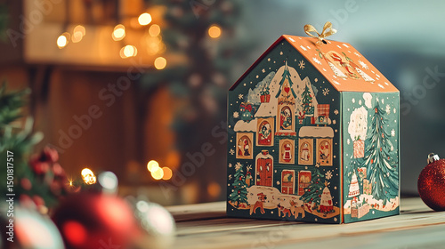 Decorative Christmas house with snowflakes and ornaments on a wooden table during holiday season