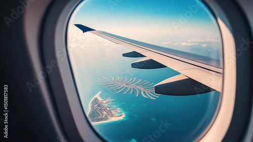 View of palm-shaped islands from airplane window over blue ocean with fluffy clouds during bright daylight