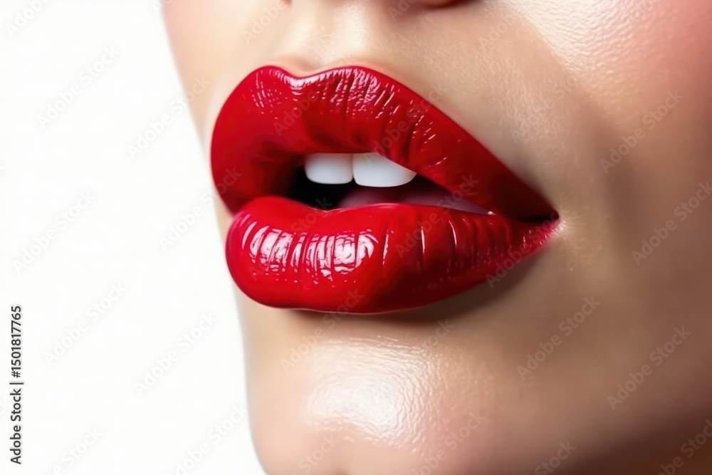 Fototapeta premium Bold red lip color against stark white, perfect for cosmetic ads, beauty, texture, makeup