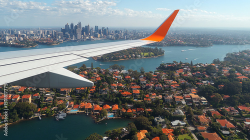 Panoramic view of city skyline and waterfront as airplane approaches landing over vibrant suburbs