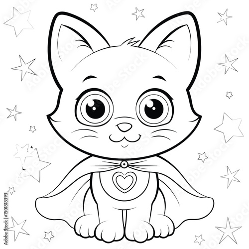 Adorable Superhero Kitten Coloring Page Big Eyes, Cute Cape