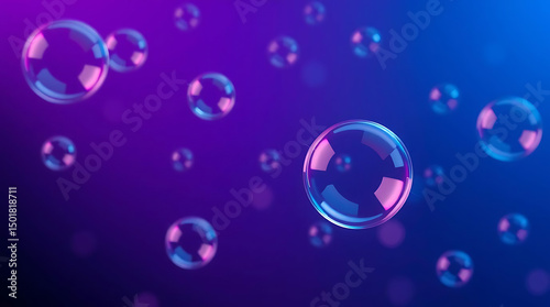 A modern abstract scene with 3D floating spheres and transparent bubbles, glowing bokeh lights in the background, with a dark purple-blue gradient, high contrast, cinematic lighting