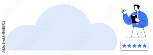 Large cloud graphic, man holding clipboard pointing, five-star rating bar below. Ideal for data storage, cloud computing, review systems, feedback, analysis, performance evaluation technology