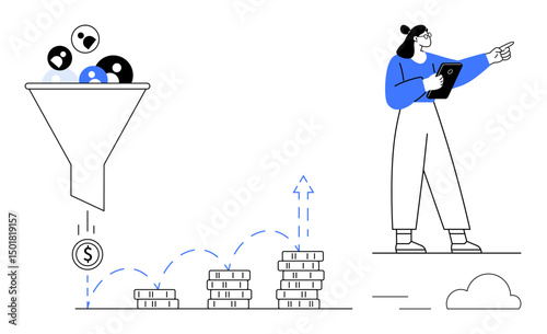 Sales funnel filtering leads into profits, coins transforming into financial growth, businesswoman with tablet strategizing. Ideal for marketing, sales, revenue growth, e-commerce, CRM, strategy
