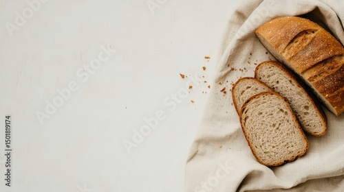 Freshly baked sourdough bread on linen cloth with slices and crumbs for culinary inspiration and home cooking