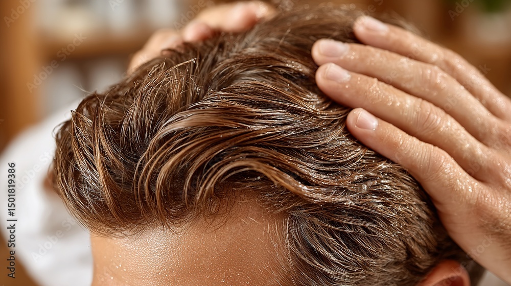 Naklejka premium Close-up of hands running through wavy, wet hair with light reflecting on the surface, creating a textured and reflective appearance.