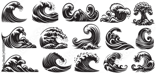 Sea wave set silhouette isolated on white background. Nature ocean graphic symbol vector illustration. Water wave element vector design collection	
