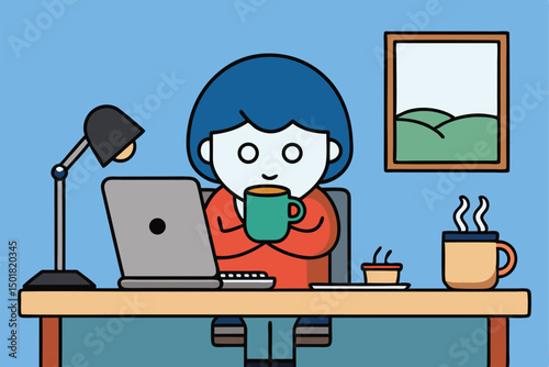 Cartoon person working from home with laptop and coffee illustration
