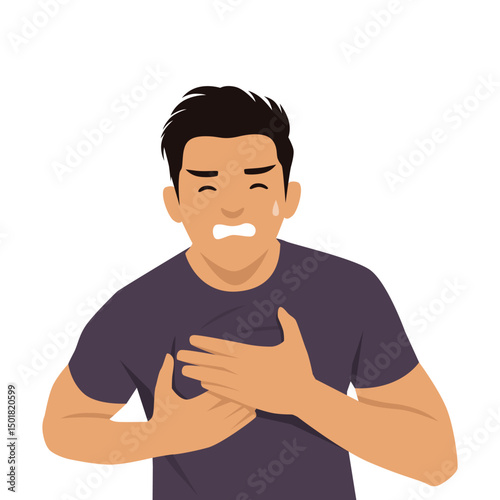 Man clutching his chest in distress, possibly indicating chest pain or a heart related issue. Flat vector illustration isolated on white background