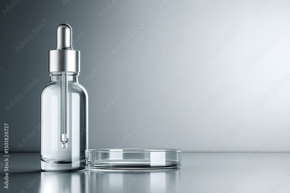 Naklejka premium Clear glass dropper bottle and petri dish on smooth surface showcasing minimalistic design and ambient lighting