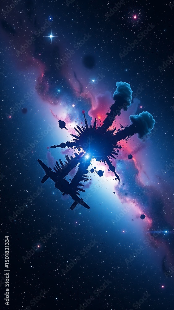 Naklejka premium Cosmic ink blot a silhouette of a spaceship exploding in a vibrant nebula