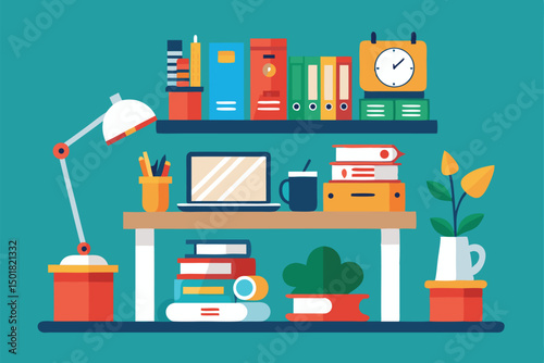 Colorful flat design workspace illustration with desk bookshelf and laptop for creative projects