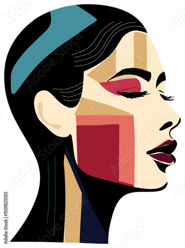 Abstract artistic portrait sticker of a woman in profile, made in a minimalist graphic style with elements of geometric shapes and bright color blocks that highlight facial features and hair.