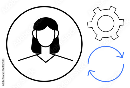 Female user profile inside a circle, gear symbol for settings, refresh arrows for updates. Ideal for user interface, account management, profile settings, updates, system configuration, preferences