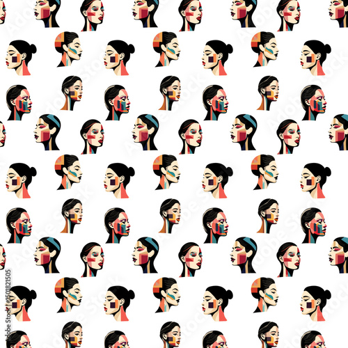 A background with profile portraits of women, done in a minimalist graphic style with elements of geometric shapes and bright color blocks that highlight facial features and hair.