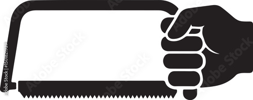 hand holding a hacksaw silhouette vector art illustration isolated on transparent background.