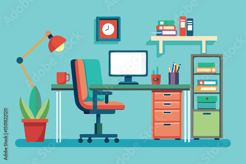 Colorful vector illustration of a home office workspace with desk and accessories