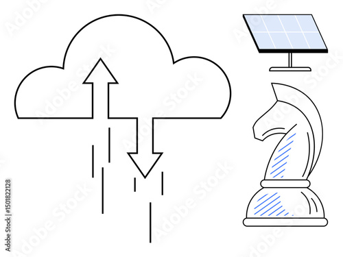Cloud with data arrows, solar panel for renewable energy, chess knight symbolizing strategic thinking. Ideal for clean energy, AI, technology innovation, cloud service, sustainability, planning