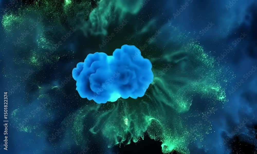 Abstract Blue And Green Explosion With Smoke And Particles On Black Background