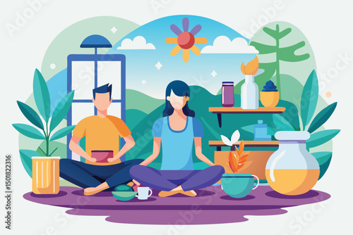 Couple meditating together at home in a serene and peaceful environment