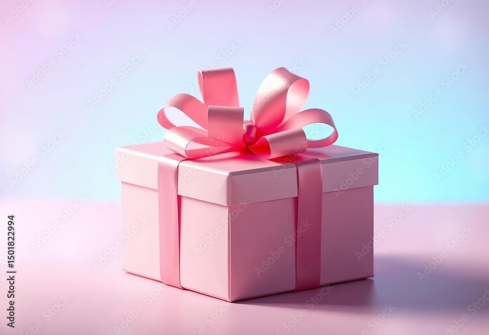 Fototapeta premium Pastel pink gift box, glossy pink bow, soft blue-pink gradient background, enchanting glow, backdrop, whimsical