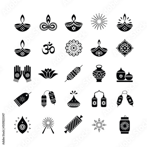 Diwali and Indian Festival Line Icons in Modern Monoline Style on White Background