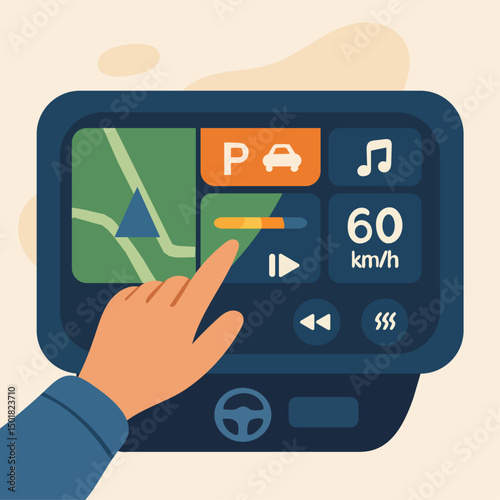 Hand interacting with a car touchscreen interface showing navigation, speed, and control icons.