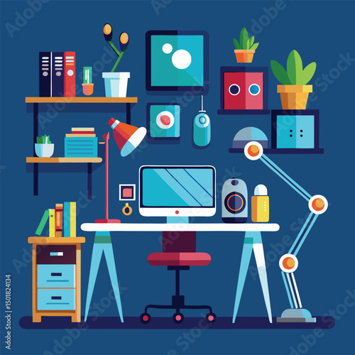 Creative workspace illustration with desk computer shelves and potted plants flat design
