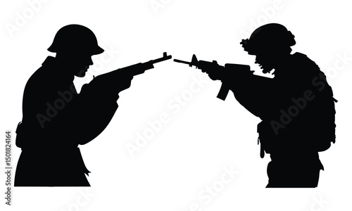 Silhouette vector set of American soldier holding gun. On white background