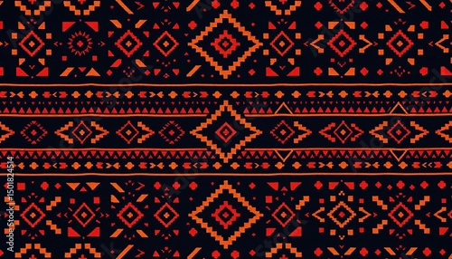 Vibrant African tribal geometric textile patterns in rich blacks, browns, and earthy tones,   Nsibidi,  ornament